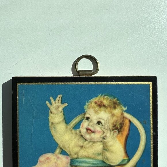 Wood Plaque Wall Decor, Charlotte Becker, Baby In Chair, 3.25"x2.75" Vintage - Picture 4 of 12